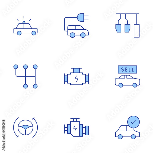 Car icons set. Line Duotone style, editable stroke. electric car, car, gear, engine, police car, driverless car, car engine, car pedals