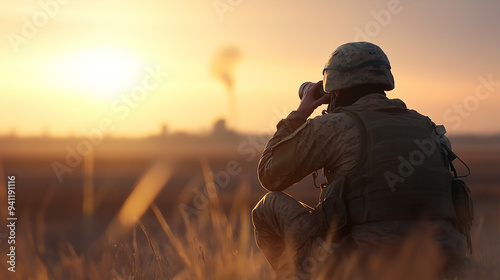 A soldier in full combat gear, crouched behind cover and scanning the horizon through binoculars during a reconnaissance mission. The scene captures the tension and focus of the so photo