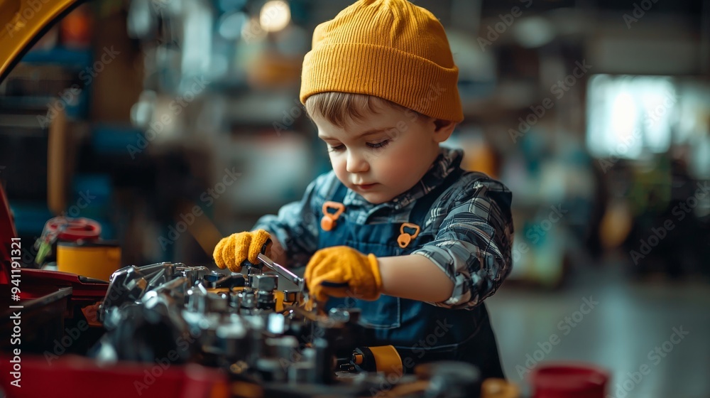 A child dressed as a mechanic, fixing a toy car engine with small tools A child dressed as a mechanic, fixing a toy car engine with small tools