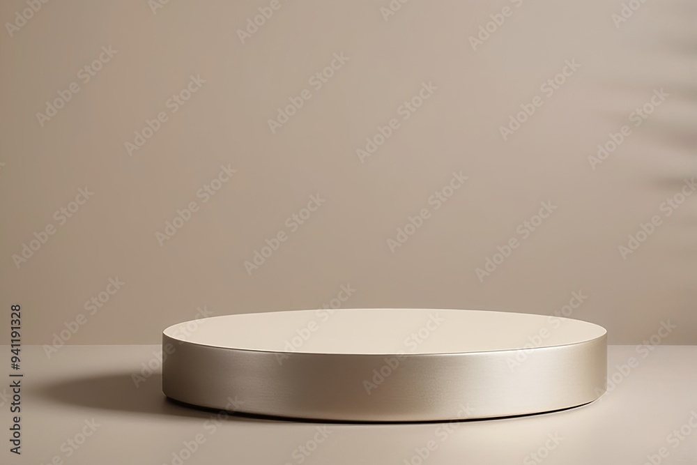 Blank round thin podium of matte ivory sits on a brushed silver surface, with a smooth taupe background that transitions seamlessly into a calming atmosphere. Made with generative AI technology Blank round thin podium of matte ivory sits on a brushed silver surface, with a smooth taupe background that transitions seamlessly into a calming atmosphere. Made with generative AI technology