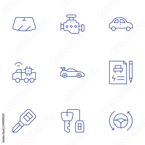 Car icons set. Thin Line style, editable stroke. windshield, sport car, car, autonomous car, car engine, driverless car, car key, car insurance