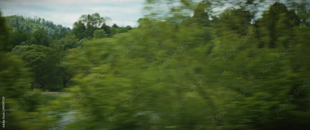 View from a car window or train on river and landscape outside on a summer day. Green tree and blue sky