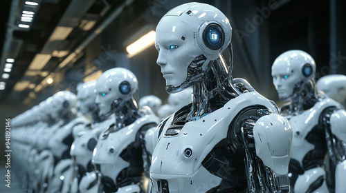 A group of cyborgs or artificial intelligence robots in a factory setting. --ar 16:9 --v 6.1 Job ID: 3da20ca9-60c6-4085-bd9c-270ef7f937cf