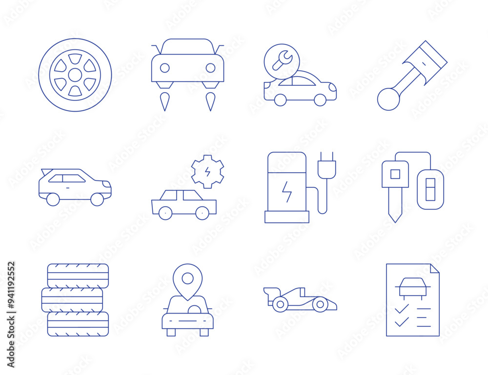 Car icons. Thin Line style, editable stroke. motor, tires, suv, piston, repair, electric charge, car, car sharing, car key, car check, maintenance, flying car Car icons. Thin Line style, editable stroke. motor, tires, suv, piston, repair, electric charge, car, car sharing, car key, car check, maintenance, flying car