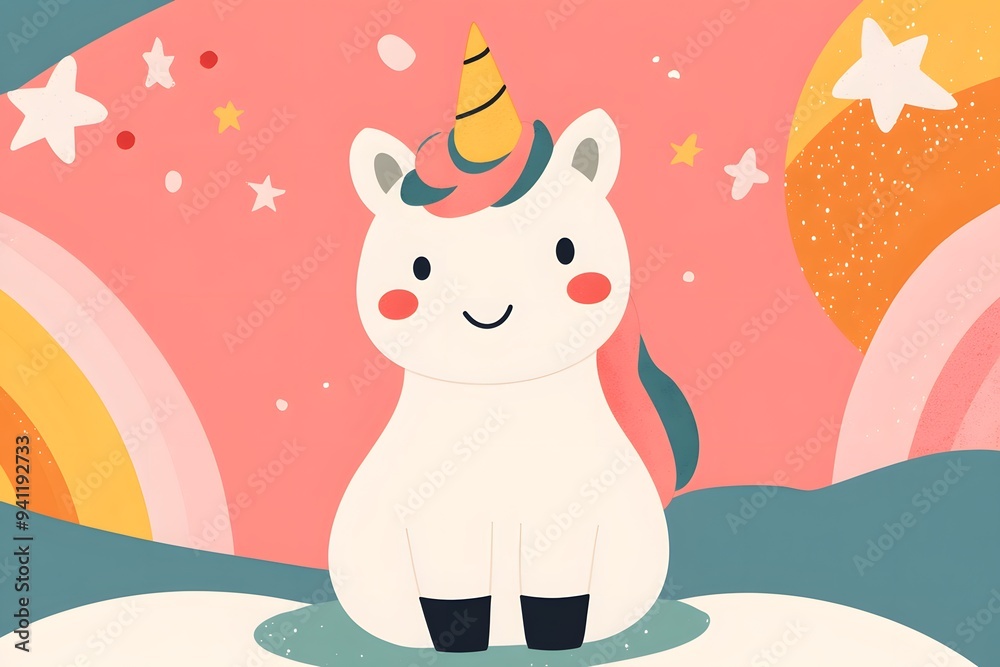 A cartoon unicorn is standing in front of a rainbow A cartoon unicorn is standing in front of a rainbow