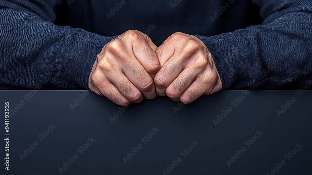 Obraz premium Close-up of hands gripping the edge of a table, knuckles white, symbolizing extreme stress and discomfort, Emotional tension, Intensity