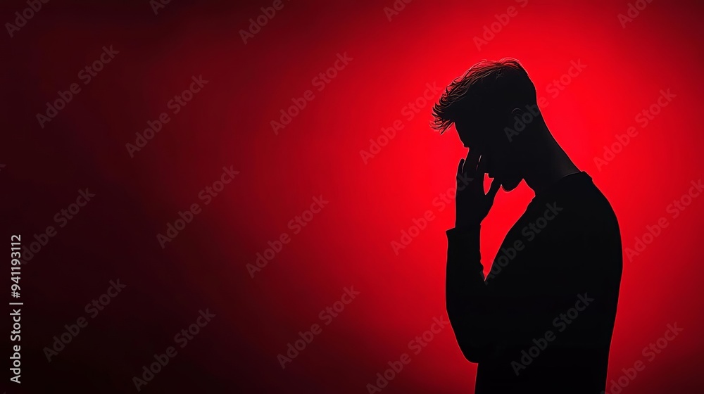 Person with a pained expression, backlit by a harsh, red light, symbolizing anger and pain intertwined, Emotional intensity, Discomfort and rage Person with a pained expression, backlit by a harsh, red light, symbolizing anger and pain intertwined, Emotional intensity, Discomfort and rage