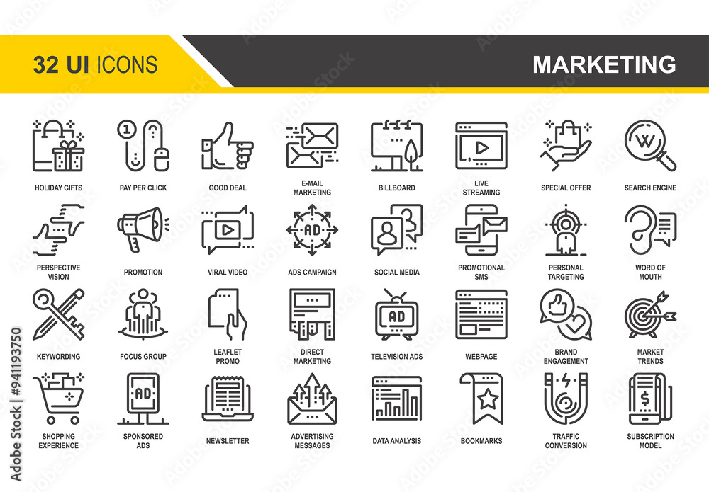 Vector set of marketing and advertising flat line web icons. Each icon ...