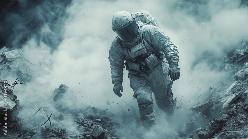 Fototapeta premium heroic rescue worker in protective gear searching through earthquake rubble dramatic lighting highlights determination dusty chaotic scene with fallen concrete and twisted metal