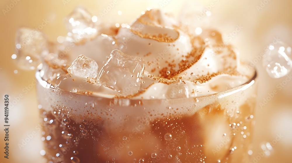 Summertime Bliss: Photorealistic Iced Coffee with Whipped Cream and Bubbles - High Resolution Macro Shot with Cinematic Lighting and Natural Colors