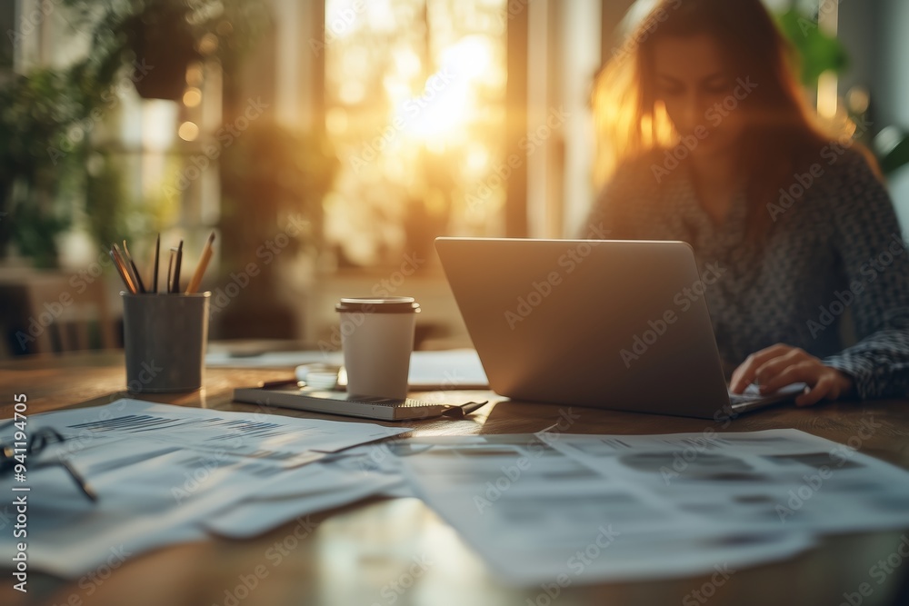 A businesswoman working diligently on her laptop in a sunlit office environment. A businesswoman working diligently on her laptop in a sunlit office environment.