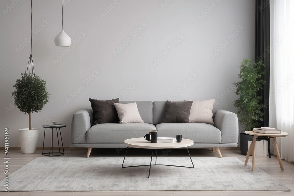 Obraz premium Modern Living Room with Grey Sofa, Coffee Table, and Plants