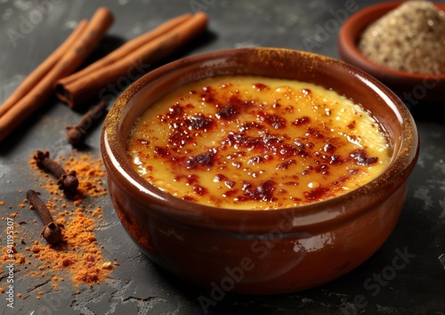 Catalan cream dessert with caramelized topping, cinnamon, and cloves