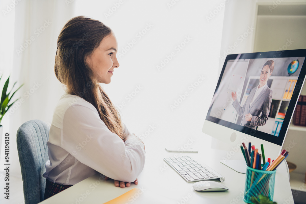 Photo portrait of teen cute daughter study online computer wear uniform remote education home schooling isolated indoors background Photo portrait of teen cute daughter study online computer wear uniform remote education home schooling isolated indoors background