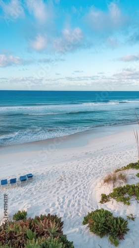 A beach with a blue ocean and a few chairs