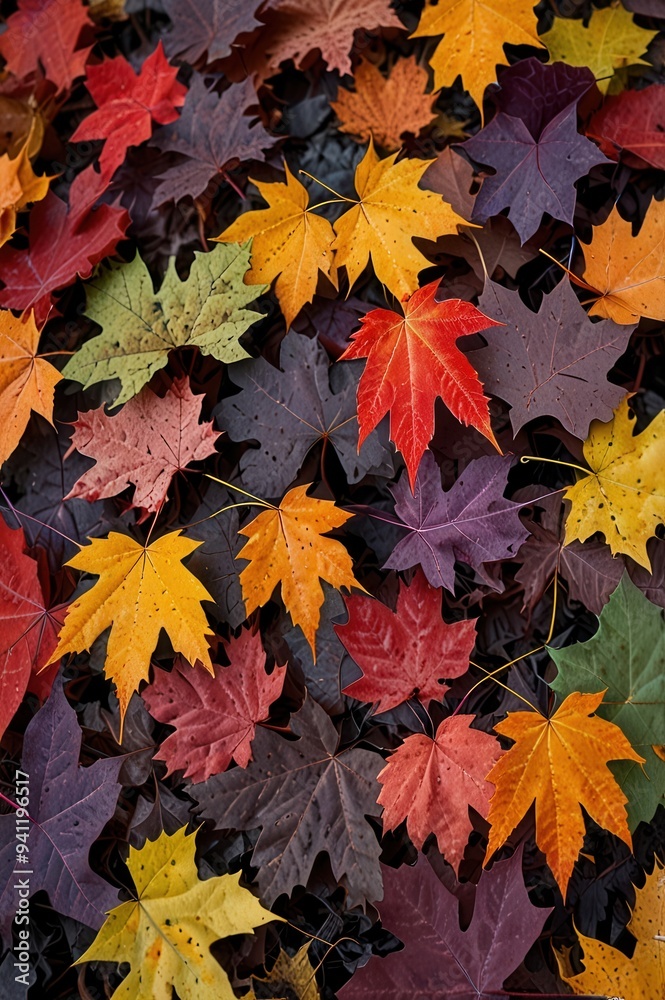 A close up of a pile of autumn leaves with a variety of colors A close up of a pile of autumn leaves with a variety of colors