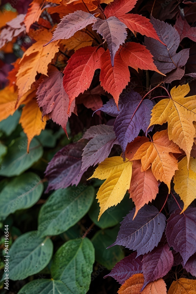 A close up of a tree with many leaves of different colors A close up of a tree with many leaves of different colors