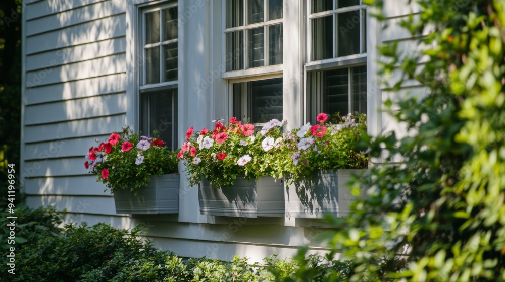 A close-up of a house's windows, showcasing flower boxes filled with blooming plants, with nearby greenery adding a touch of nature. A close-up of a house's windows, showcasing flower boxes filled with blooming plants, with nearby greenery adding a touch of nature.