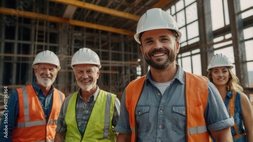 A group of construction workers are smiling for the camera