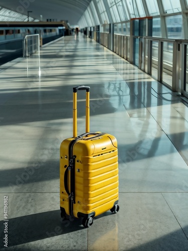 Yellow suitcase in airport terminal