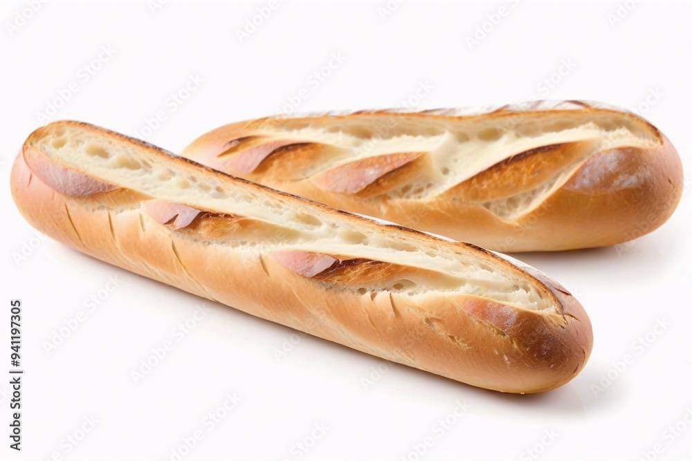 Two freshly baked baguettes on white background. Two freshly baked baguettes on white background.