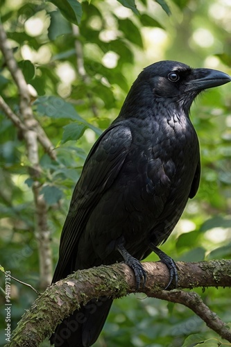 A black crow is perched on a tree branch