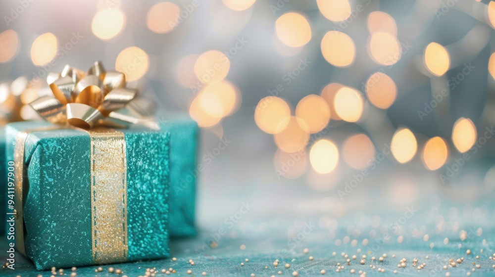 Glittery teal gift box with a shiny golden ribbon against festive bokeh lights, representing luxury, celebration, and holiday spirit. Glittery teal gift box with a shiny golden ribbon against festive bokeh lights, representing luxury, celebration, and holiday spirit.