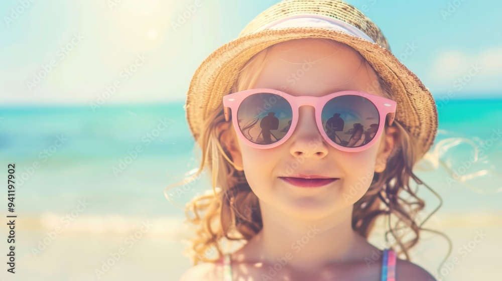 Happy young girl wearing a sun hat and pink sunglasses at the beach, enjoying a sunny summer day by the ocean. Happy young girl wearing a sun hat and pink sunglasses at the beach, enjoying a sunny summer day by the ocean.