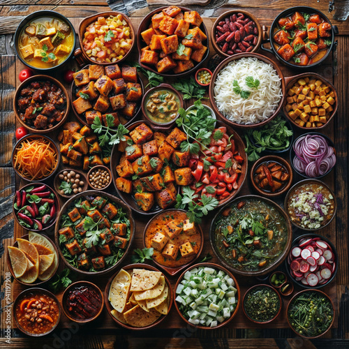 Variety of Indian food in bowls on wooden table, top view