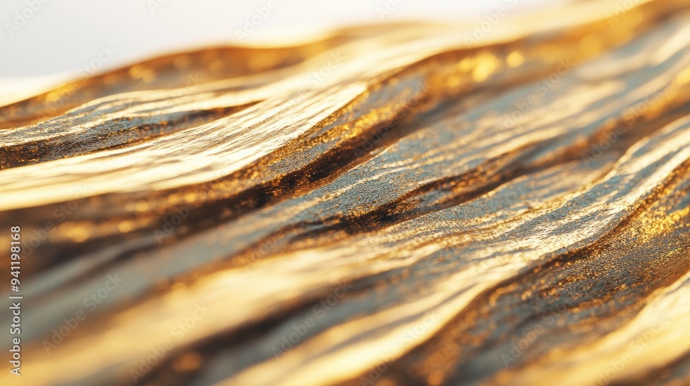 Fototapeta premium Close-up of golden fabric with a detailed, textured surface, illuminated by soft, warm lighting creating a luxurious feel.
