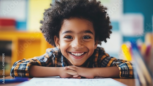 A young boy smiles at the camera while sitting at a desk in a classroom.