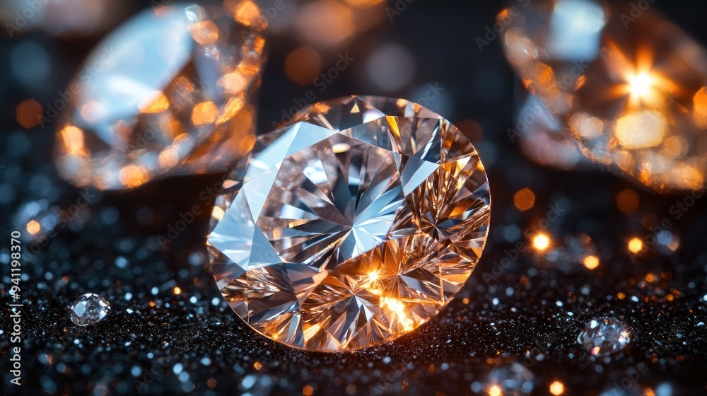 Fototapeta premium Close-up of sparkling diamonds on a dark background