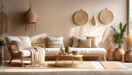 Contemporary nomadic home interior background in warm beige tones, 3d render
 photo