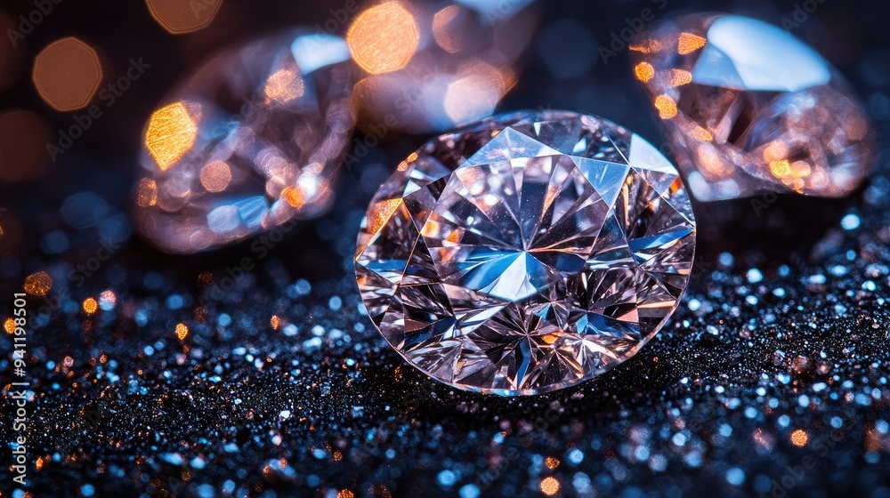 Close-up of sparkling diamonds on a dark background Close-up of sparkling diamonds on a dark background