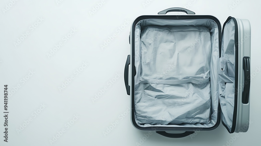 Minimalist Travel: Top View of Empty Suitcase on White Background Close Up with Implications of Packing and Jet-setting Adventures Minimalist Travel: Top View of Empty Suitcase on White Background Close Up with Implications of Packing and Jet-setting Adventures