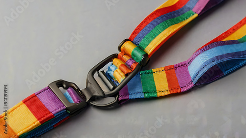A colorful rainbow-striped fabric lanyard with a plastic breakaway buckle, isolated on a light grey background, emphasizing vibrant colors and design