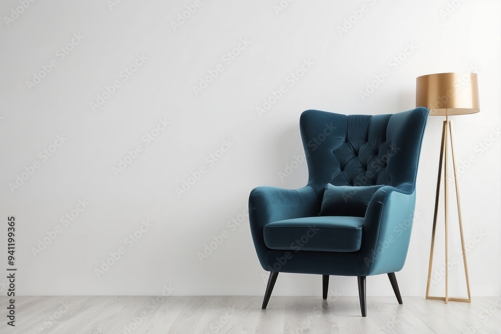 Teal Velvet Armchair with Gold Floor Lamp in a Minimalist Room