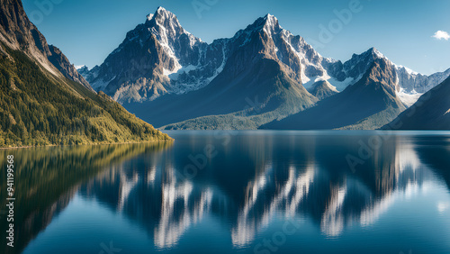 Beautiful lake and mountain scenery, wild natural landscapes, distant mountains with faint shadows