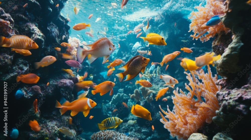 Naklejka premium A close-up of a school of colorful reef fish swimming around a vibrant underwater structure, showcasing their natural habitat and interactions.