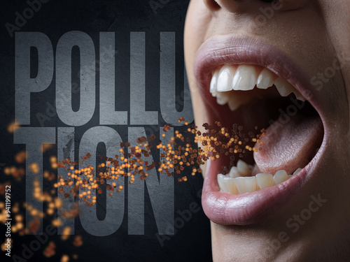 Harmful pollutants within the human body and consumption of pollutants depicted as an open mouth ingesting industrial toxins