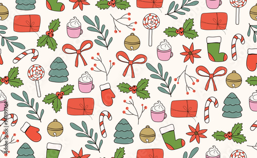 Funny Christmas seamless pattern in trendy Groovy Retro 70s style. Retro y2k style cartoon character. Cute candy, tree, gift, poinsettia, rowan branch, bell, bow, hot cocoa drink. Vector illustration.