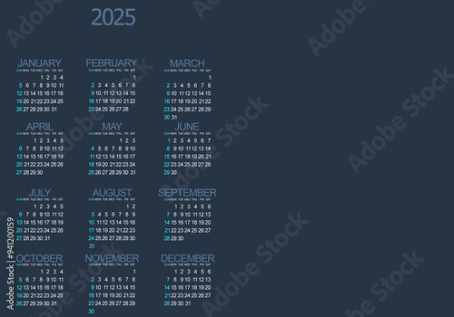 Year 2025. Calendar of the new year in grid on dark blue background. Image with copy space. Horizontal year planner template. Wall calendar. photo