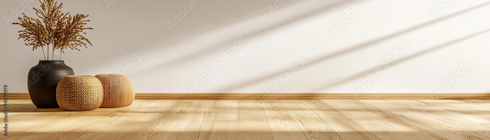 A living room with wooden flooring, comfortable seating, and minimalist decor, creating a serene and harmonious environment A living room with wooden flooring, comfortable seating, and minimalist decor, creating a serene and harmonious environment
