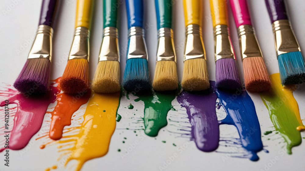 Fototapeta premium Eight colorful paintbrushes with paint splashes on white backdrop, symbolizing creativity and art.