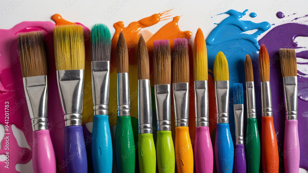 Fototapeta premium Eight colorful paintbrushes with paint splashes on white backdrop, symbolizing creativity and art.