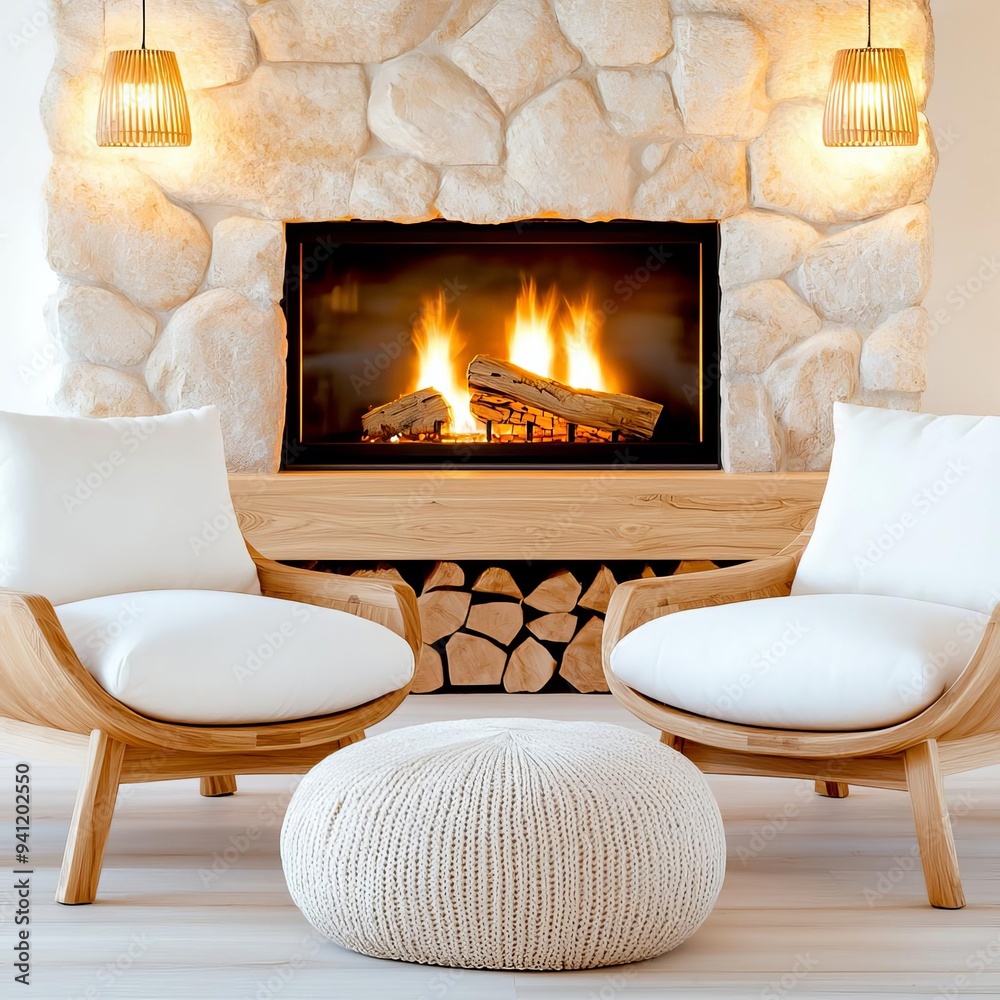 Fototapeta premium A rustic living room with wooden furniture, a stone fireplace, and soft, warm lighting, creating a cozy and harmonious atmosphere