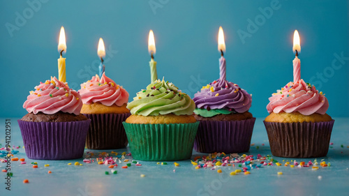 Assorted cupcakes with colorful icing and lit candles on blue background, sprinkles scattered.