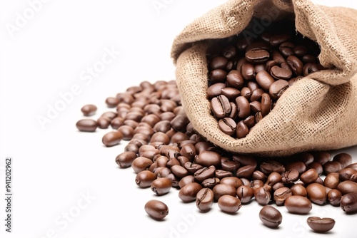 Coffee beans spilling from a burlap sack.