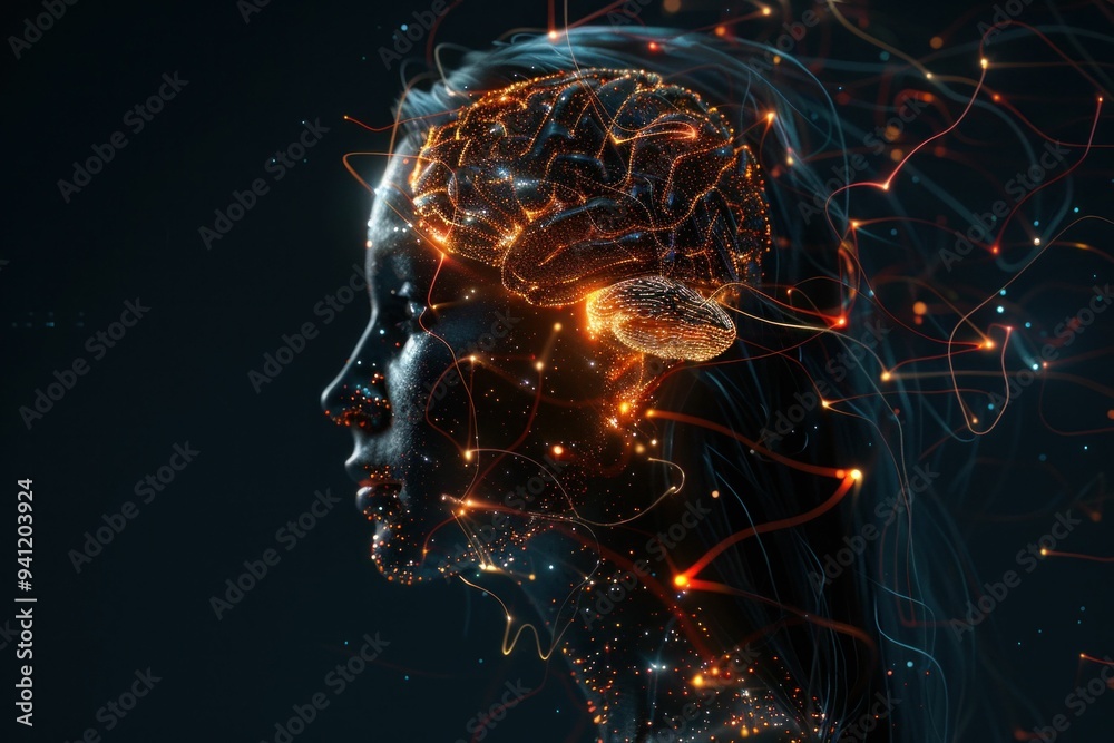 Abstract representation of a human head with a glowing brain surrounded ...