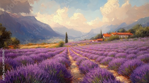 Delicate oil painting of lavender fields in full bloom